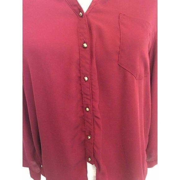 Sis Sis Womens Solid Maroon Burgundy Red Long Sleeve Button Down Top Medium - Picture 2 of 6